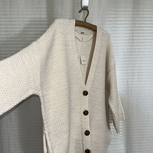 free people M Ivory Herringbone Stitch Pattern Kimono Cardigan Sweater - Picture 11 of 16